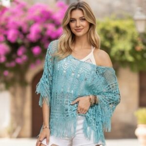 Umgee  Seafoam Green Open Crochet Fringed Top / Cover - Up